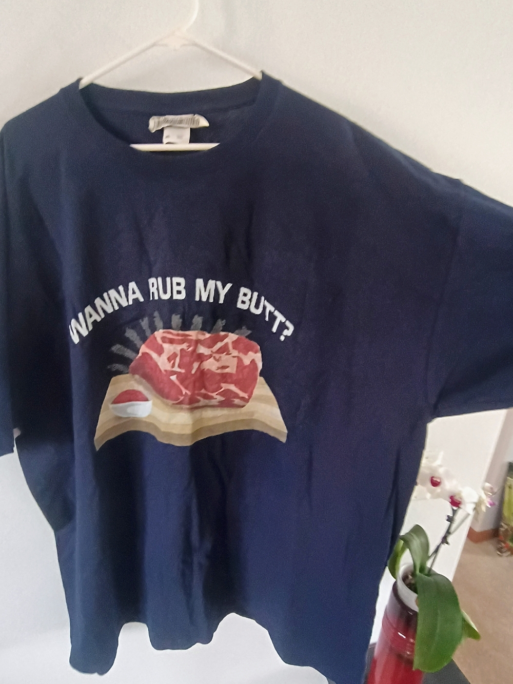 Funny BBQ Wanna Rub My Butt? Graphic Tee 3XL Navy Shirt